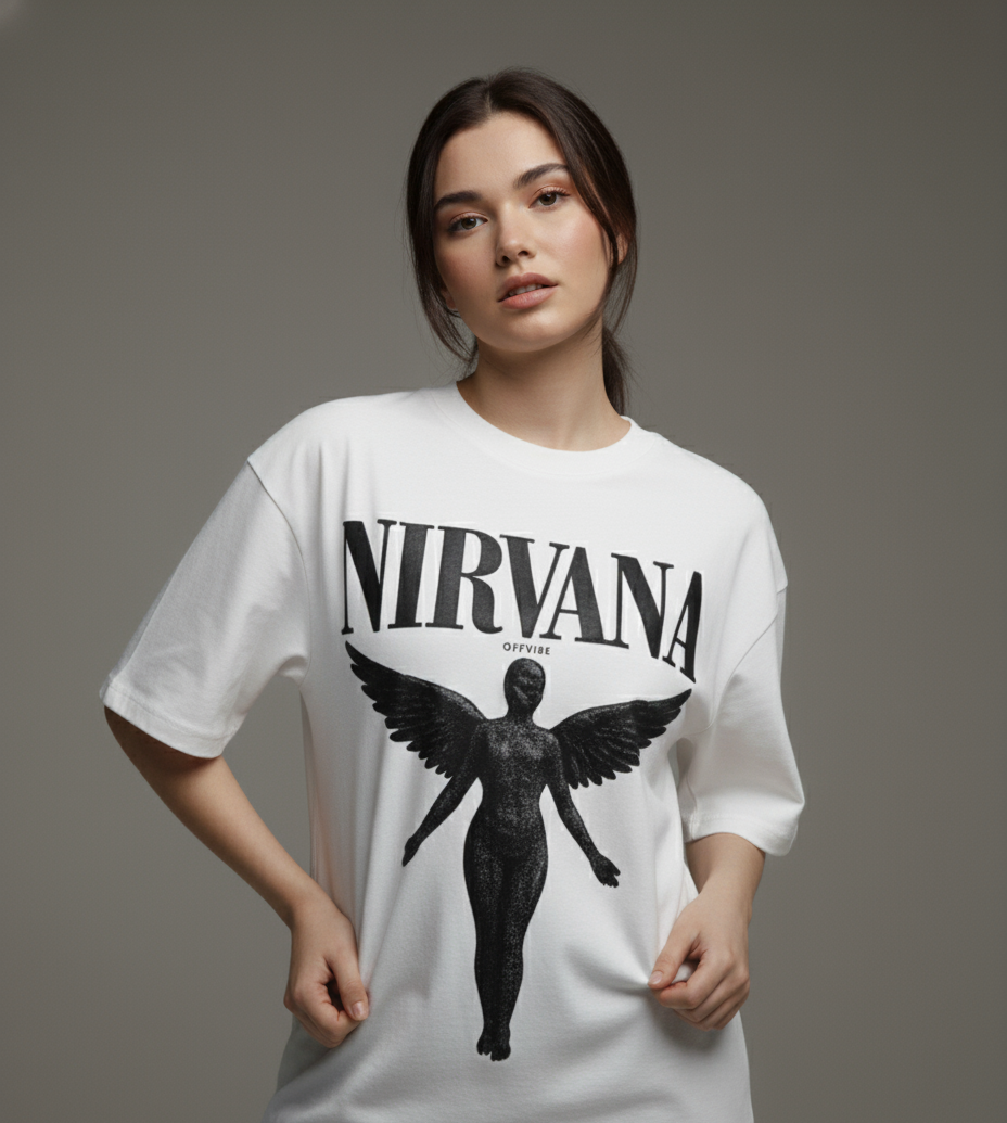 Nirvana: Puff 3D Print Oversized White Tshirt