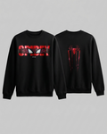 Black sweatshirt with red and white spider-themed design on a gray background